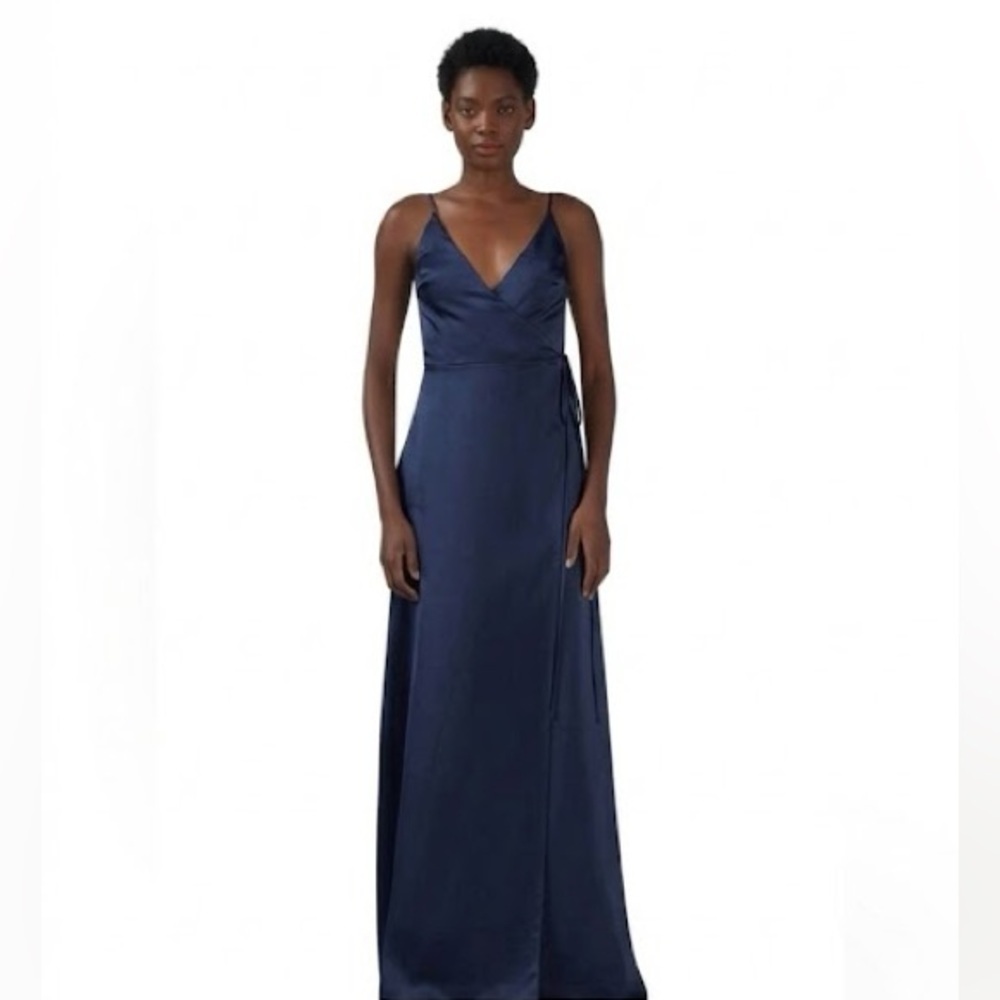 Amsale NWT Gracia Fluid Satin Wrap Dress Navy Blue Strappy Maxi Gown Size 22